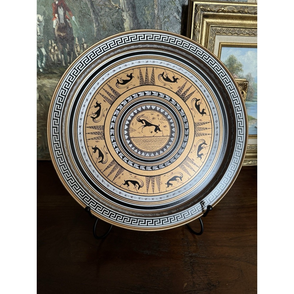 Vintage MCM 12" Grecian Etruscan Metal Tray‎ Copper Tone Finish & Display Stand